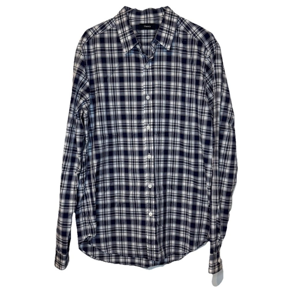 Theory Men's Shirt Long Sleeve Button Up Plaid 100% Cotton Blue White Medium NWT